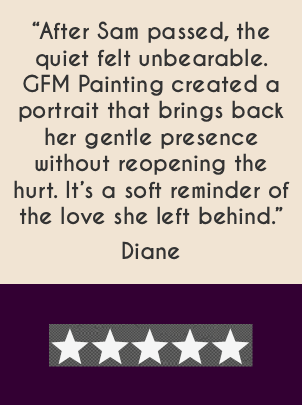 Five‑star testimonial for hand‑painted cat remembrance artwork by GFM Painting