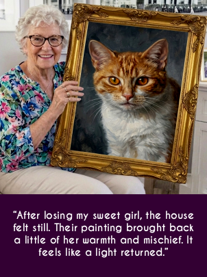 Owner with framed cat portrait capturing warmth and memory