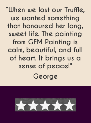 Cat memorial painting held by owner with five‑star review for GFM Painting