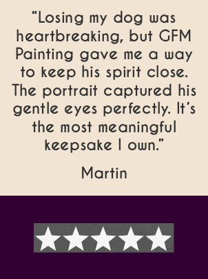 Pet memorial portrait capturing a dog’s gentle eyes by GFM Painting