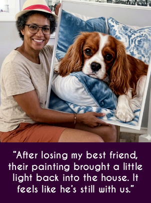 Owner holding dog with custom pet portrait testimonial for GFM Painting