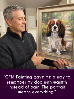 Smiling owner beside hand‑painted dog memorial portrait by GFM Painting