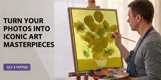 Artist painting Van Gogh’s Sunflowers on an easel in a bright studio setting.