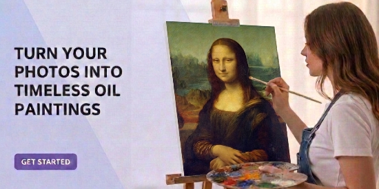 A lady artist painting the Mona Lisa on an easel with text inviting users to turn your photos into timeless paintings