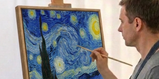 Artist painting Van Gogh’s Starry Night on an easel.