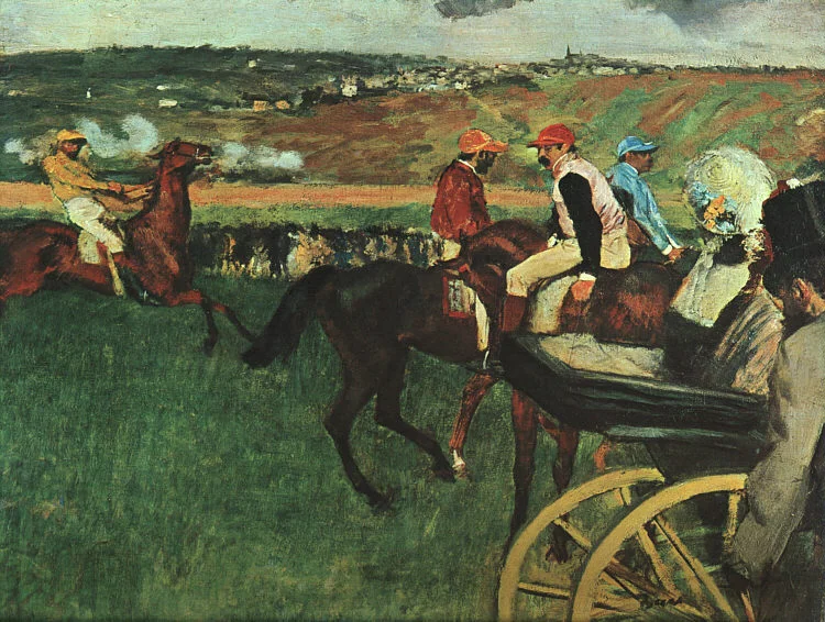 Buy Edgar Degas Le champ de courses. Jockeys amateurs près d'une voiture Oil Painting - Hand Painted Reproduction