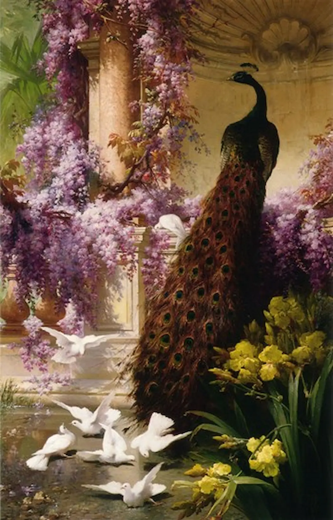 Buy Eugene Bidau A Peacock and Doves in a Garden Oil Painting - Hand Painted Reproduction