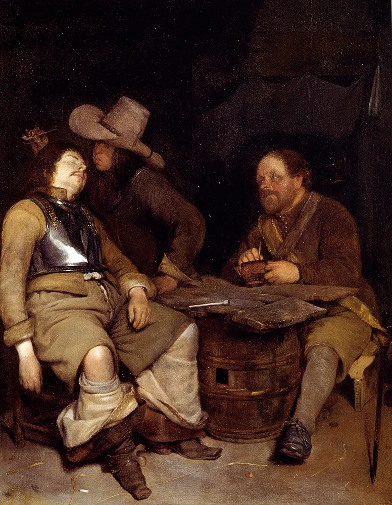 Buy Gerard Terborch A Guard Room Interior With A Soldier Blowing Smoke In The Face Of His Sleeping Companion Oil Painting - Hand Painted Reproduction