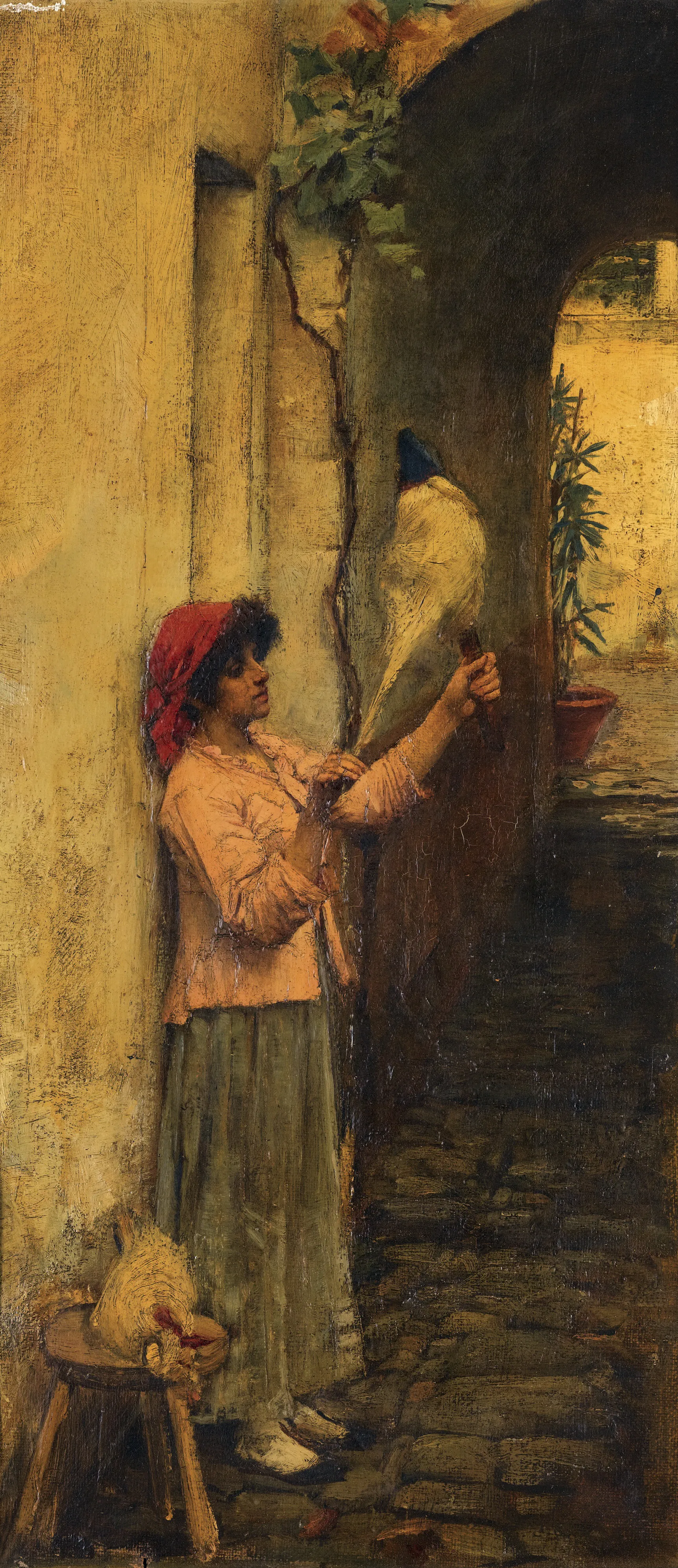 Buy John William Waterhouse A Neapolitan flax spinner Oil Painting - Hand Painted Reproduction