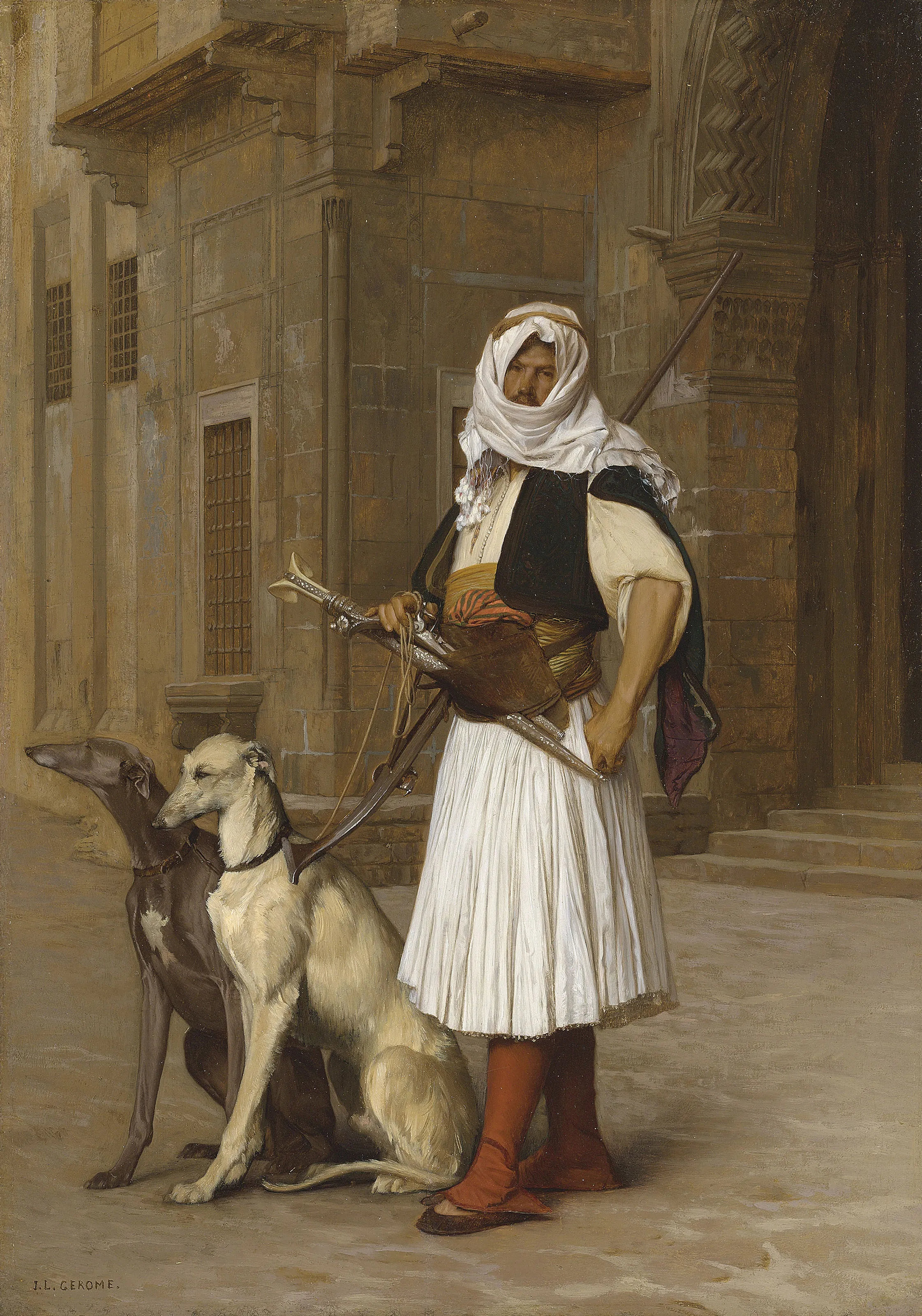 Buy Jean-Léon Gérôme Arnaut And Two Whippets By , Depicts An Albanian Wearing A Fustanella In Egypt Oil Painting - Hand Painted Reproduction