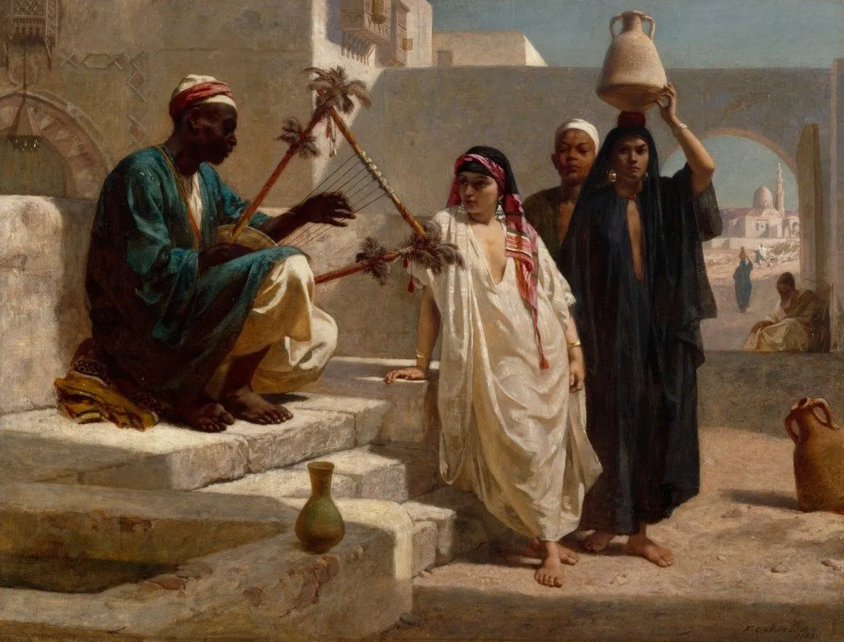 Buy Frederick Goodall Frederick Goodall, Street Musician, Two Woman And A Man Oil Painting - Hand Painted Reproduction