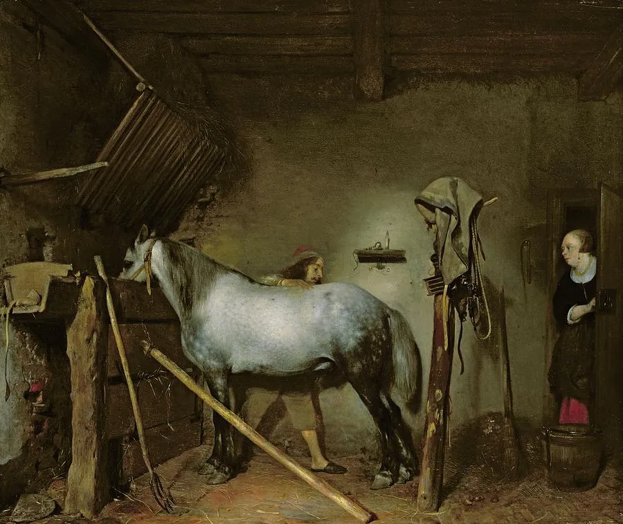 Buy Gerard Terborch Horse in a Stable Oil Painting - Hand Painted Reproduction