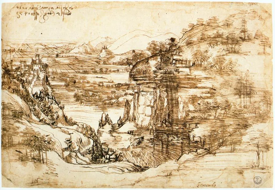 Buy Leonardo Da Vinci Landscape drawing for Santa Maria della Neve Oil Painting - Hand Painted Reproduction