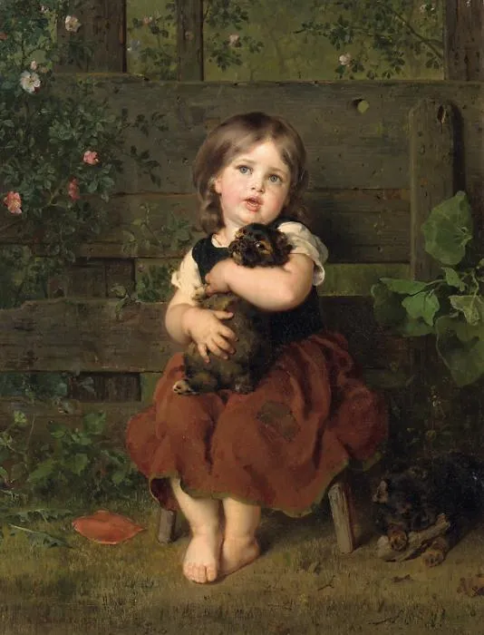 Buy Ludwig Knaus Little girl with dachshund puppy Oil Painting - Hand Painted Reproduction