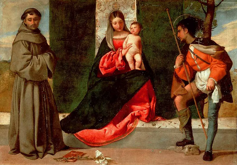 Buy Tiziano Vecelli Madonna and Child with Sts Anthony of Padua and Roch Oil Painting - Hand Painted Reproduction