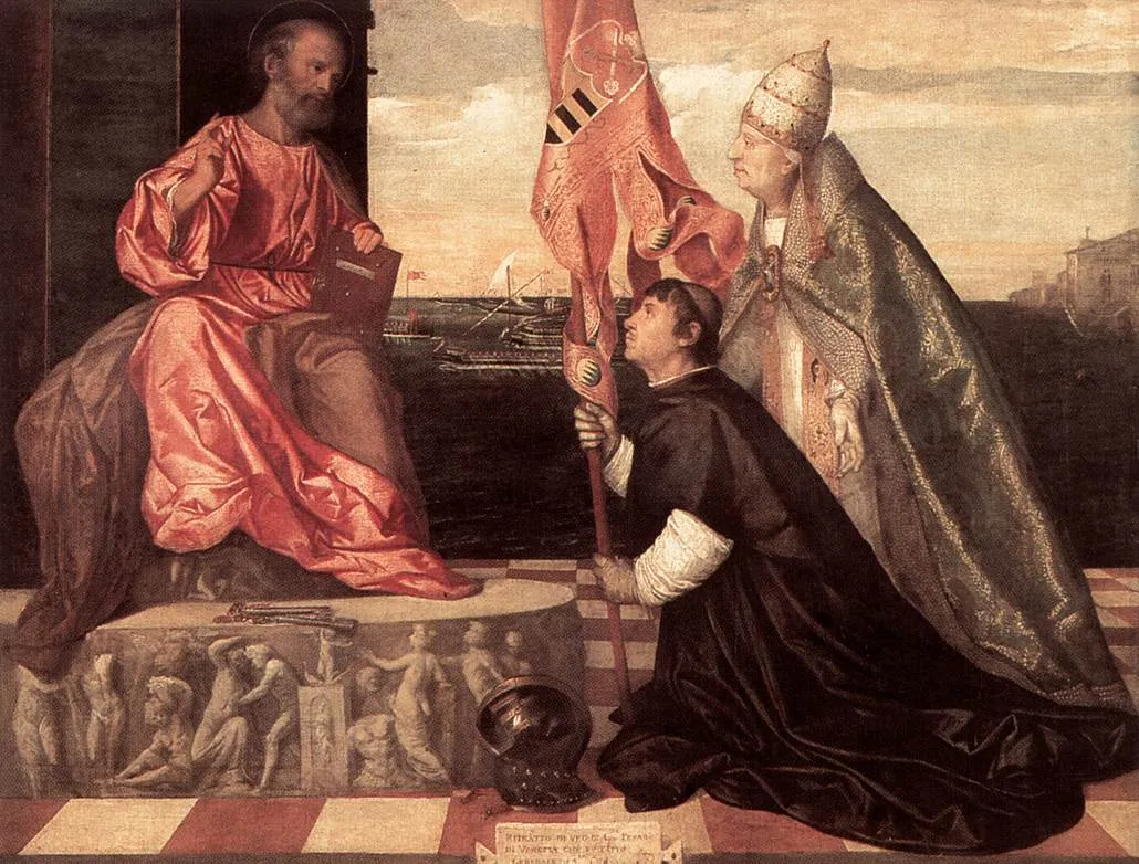 Buy Tiziano Vecelli Pope Alexander IV Presenting Jacopo Pesaro to St Peter Oil Painting - Hand Painted Reproduction