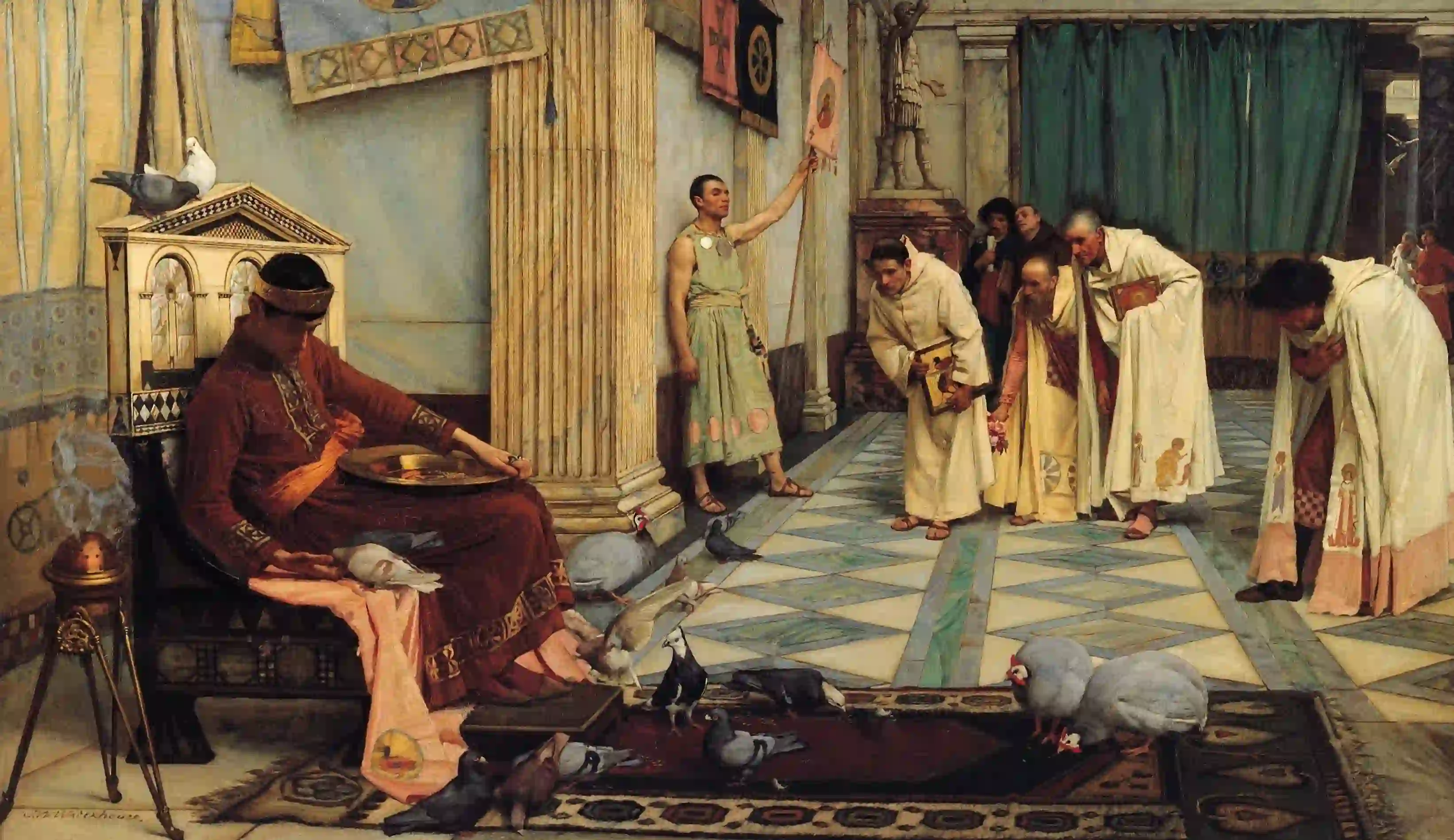 Buy John William Waterhouse The favourites of Emperor Honorius Oil Painting - Hand Painted Reproduction
