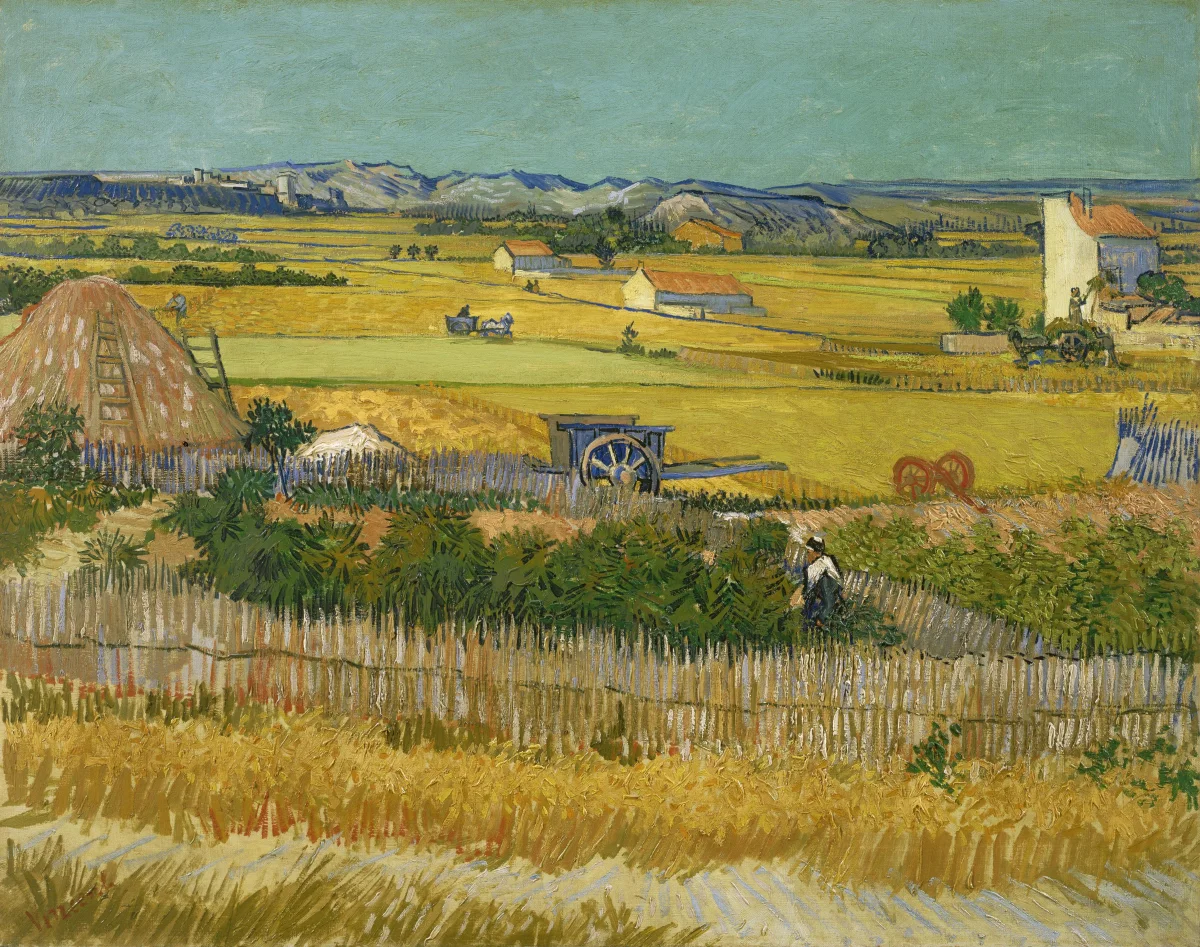 Harvest At La Crau With Montmajour In The Background by Vincent Van Gogh - Famous Oil Painting Hand Painted Art Pieces for Sale.