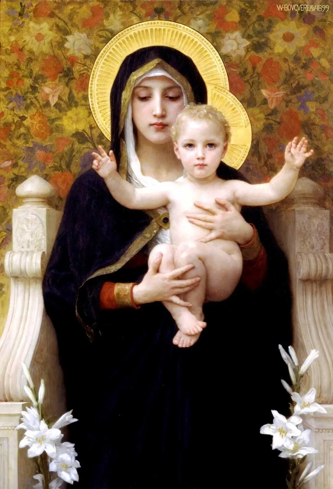 La Vierge au Lys (The Virgin of the Lilies) by William-Adolphe Bouguereau - Famous Oil Painting Hand Painted Art Pieces for Sale.