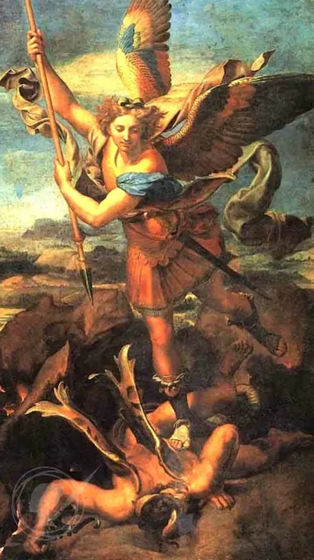 Saint Michael Trampling the Dragon by Raffaello Sanzio - Famous Oil Painting Hand Painted Art Pieces for Sale.