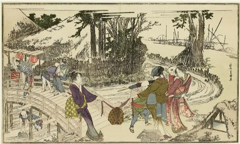 Women walking in a garden by Katsushika Hokusai