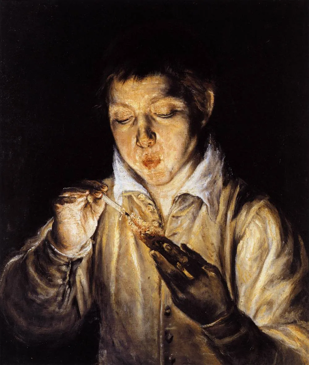 A boy blowing on an ember to light a candle by Doménikos Theotokópoulos