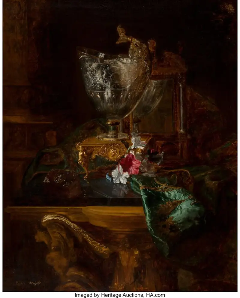 A nautilus cup on a carved stand with a floral still life by Blaise Alexandre Desgoffe