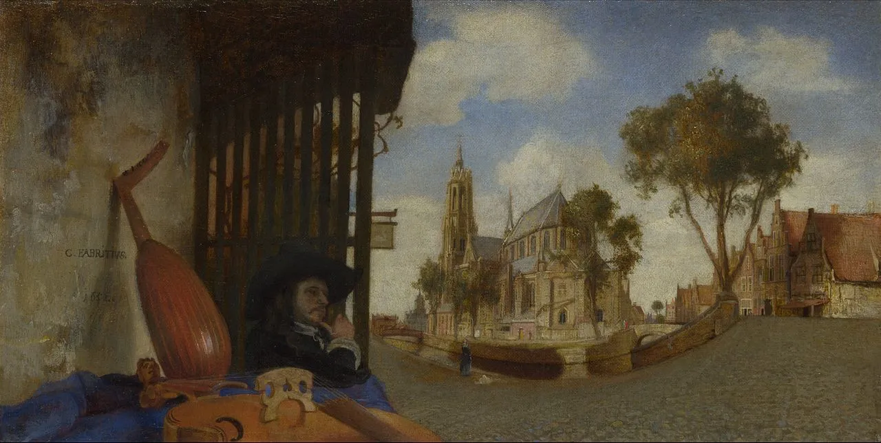 A View of Delft with a Musical Instrument Seller S Stall by Carel Fabritius