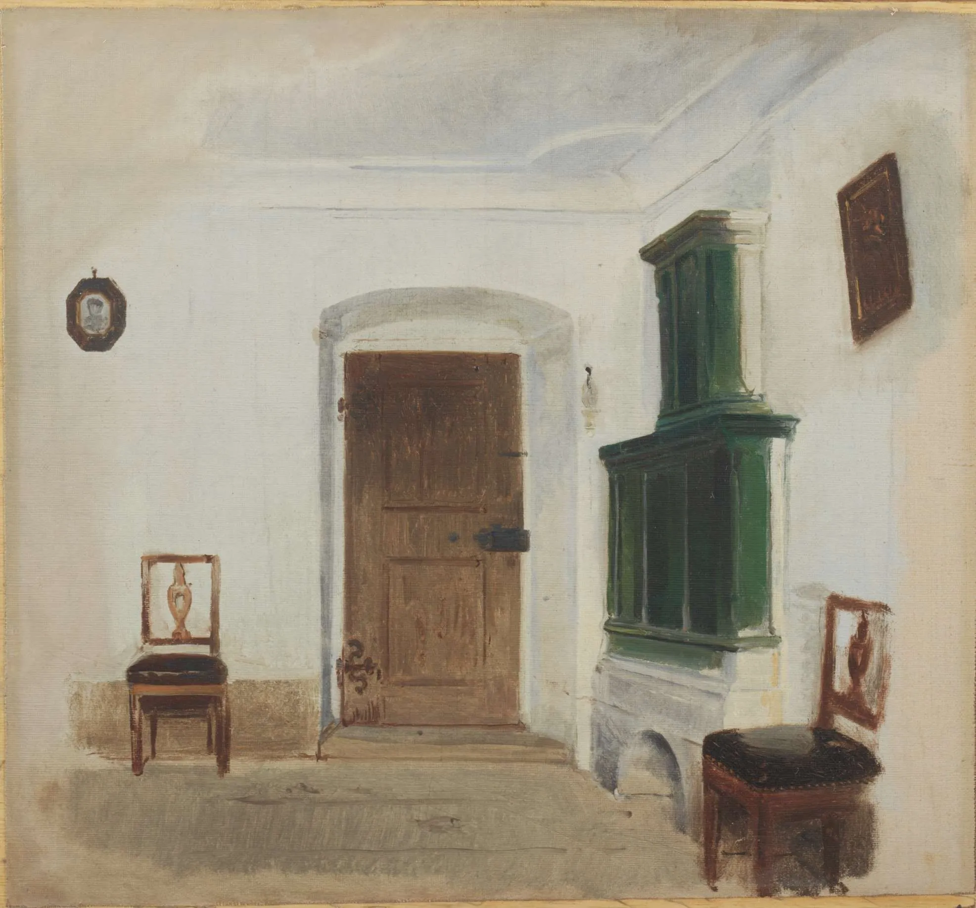 Interior with a green tiled stove by Ludwig Knaus