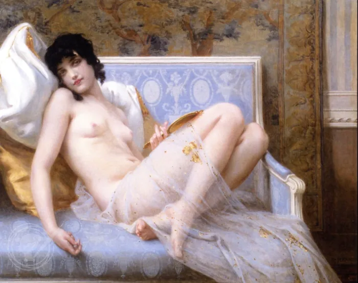 Jeune femme denudée sur canape (Young woman naked on a settee) by Guillaume Seignac - Famous Oil Painting Hand Painted Art Pieces for Sale.