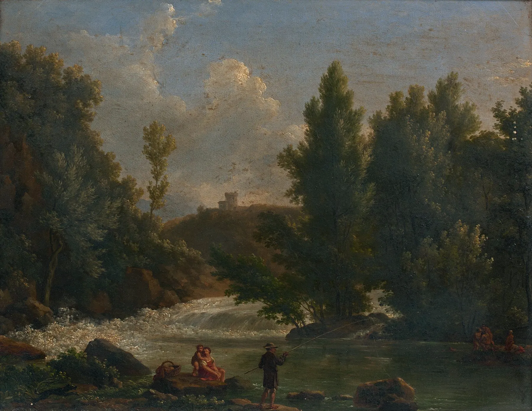 Paysage de riviére animé d'un pêcheur et de baigneuses by Jean-Joseph-Xavier Bidauld