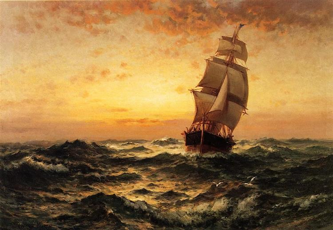 Ship at Sea, Sunset by Edward Moran - Famous Oil Painting Hand Painted Art Pieces for Sale.
