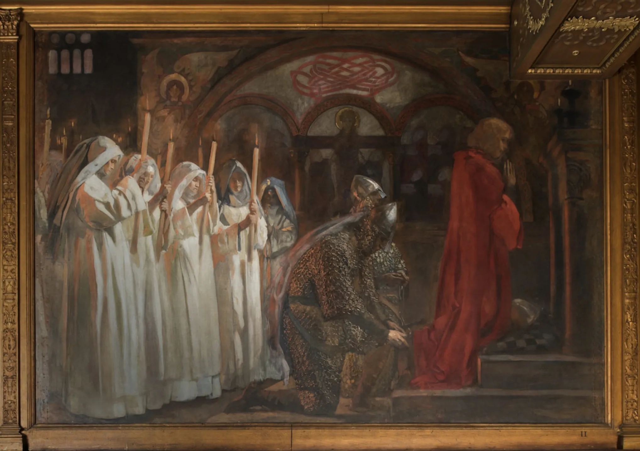 Sir Lancelot and Sir Bors outfit Galahad with his spurs by Edwin Austin Abbey