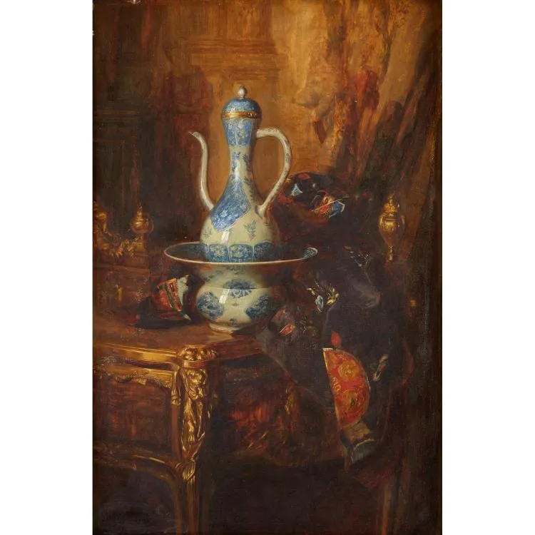 STILL LIFE WITH EWER AND ACCOUTREMENTS ON GILT MOUNTED BUREAU PLAT by Blaise Alexandre Desgoffe