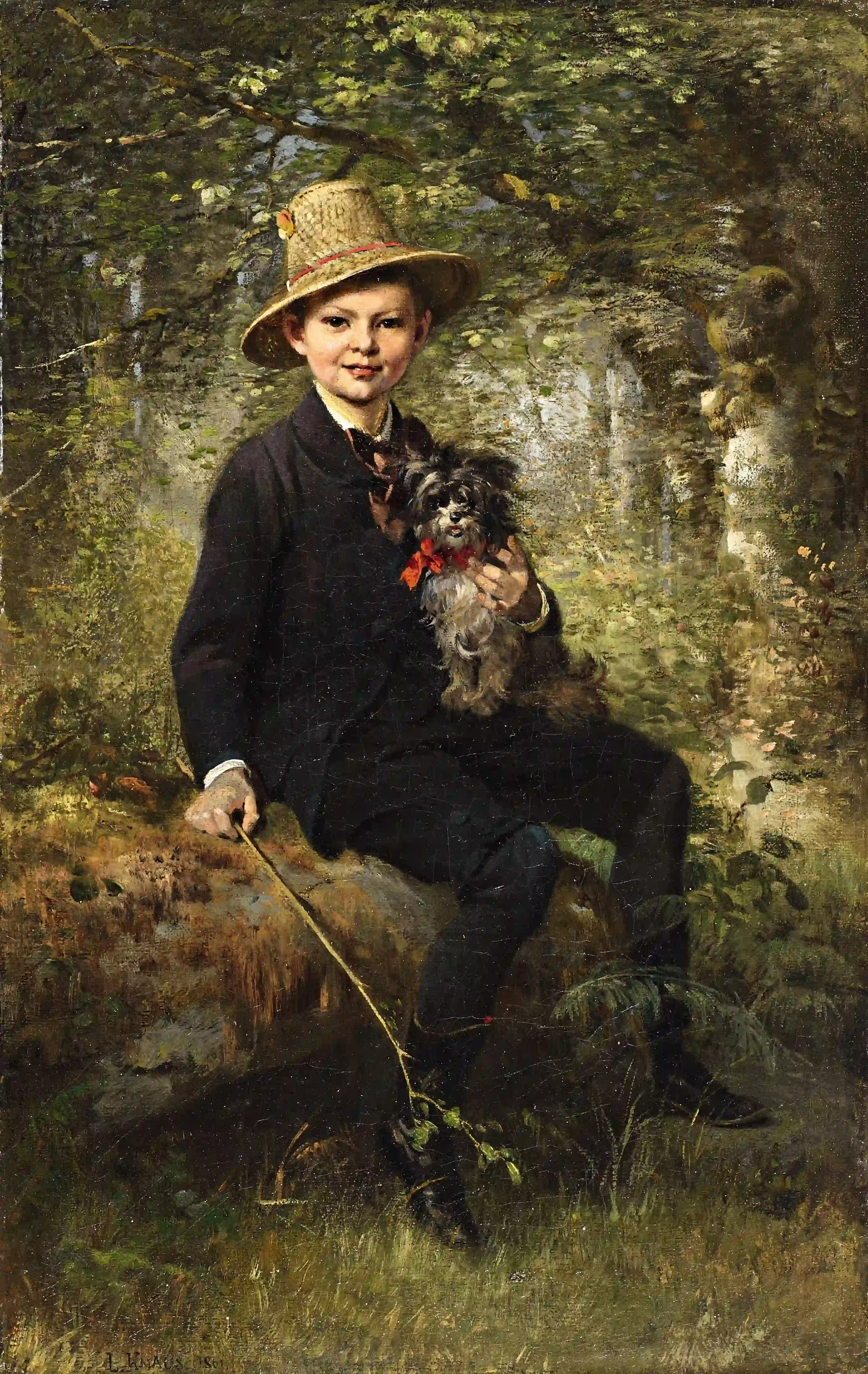 Portrait of a boy with dog in a forest by Ludwig Knaus