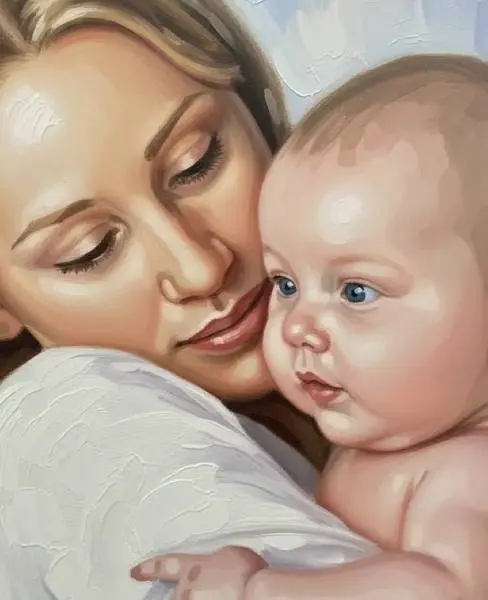 Custom hand-painted oil portrait of mother and child from a photo – personalized family artwork capturing love and connection