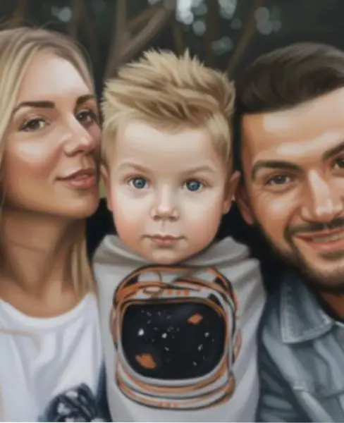 Custom hand-painted oil portrait of parents and child from a photo – personalized family artwork capturing love and connection