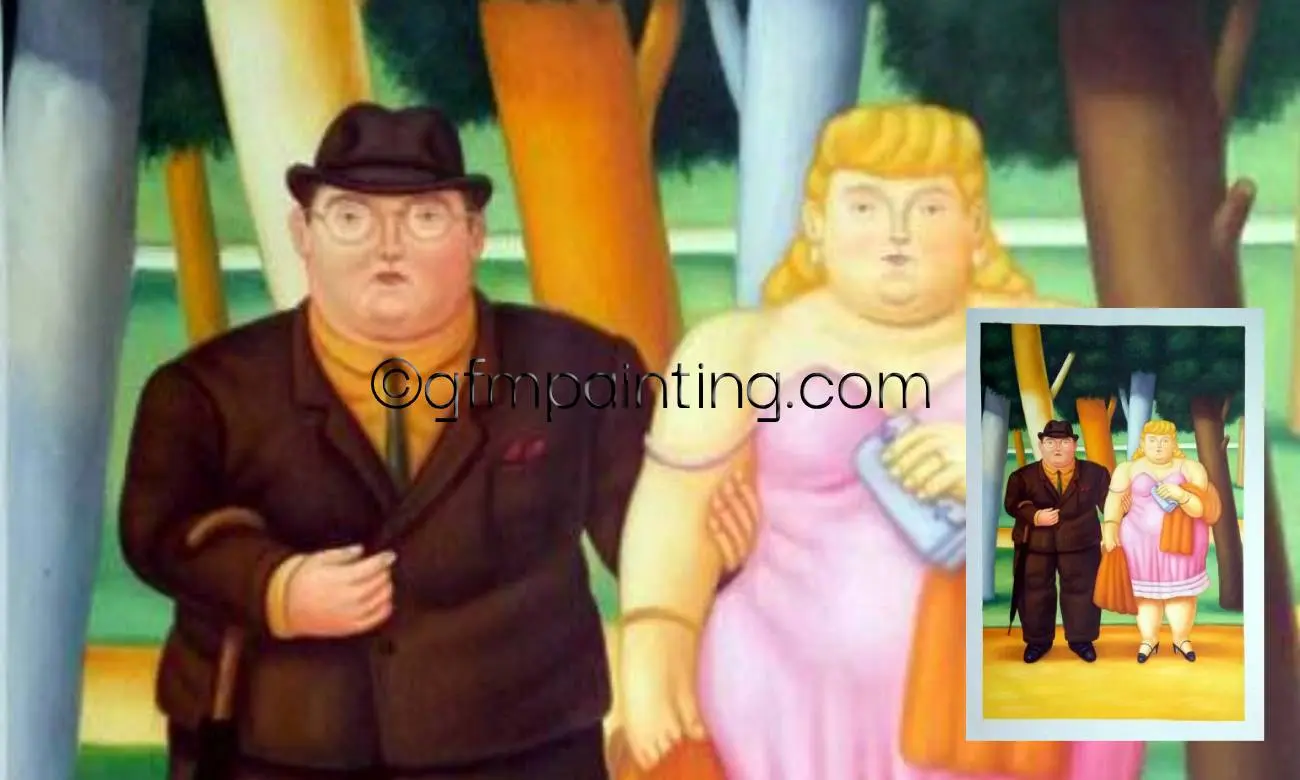 Hand-painted oil painting reproduction A Married Couple painting by Fernando Botero, depicting stylized, voluminous figures in signature Botero style, modern figurative art