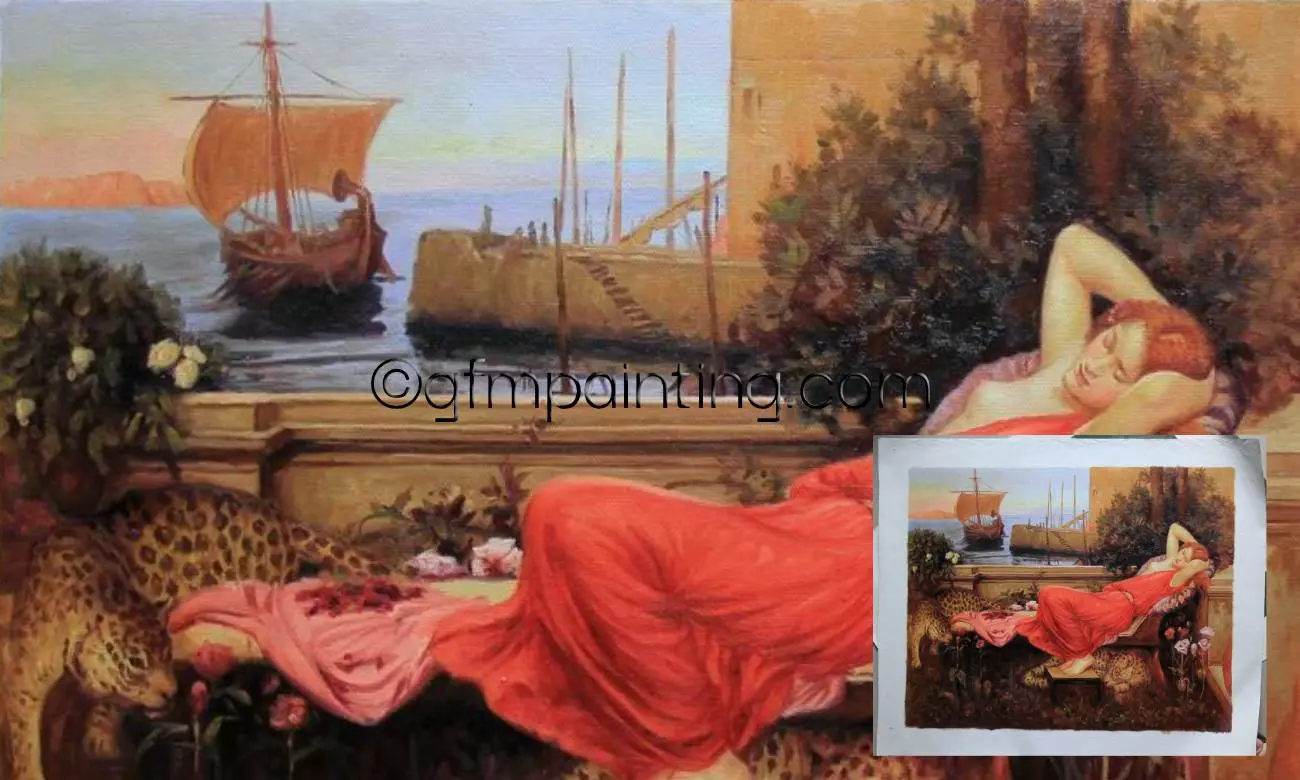 Hand-painted oil painting reproduction ‘Ariadne’ by John William Waterhouse, 1898, depicting Ariadne sleeping on the shore