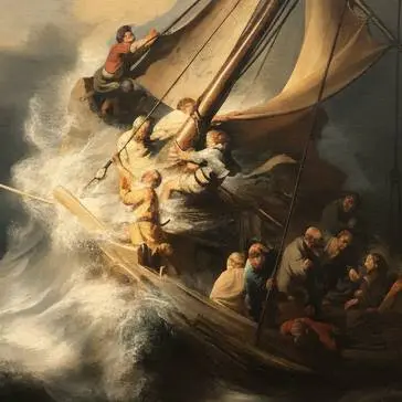 Handmade oil painting reproduction Christ in the Storm on the Sea of Galilee painting by Rembrandt van Rijn, dramatic depiction of Jesus calming the storm with disciples in a boat, Baroque masterpiece