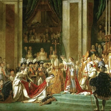Hand-painted oil painting reproduction of Jacques-Louis David’s Consecration of the Emperor Napoleon I and Coronation of the Empress Joséphine (1805–1807), a monumental Neoclassical masterpiece depicting the historic coronation ceremony at Notre-Dame de Paris, composed with grand scale, formal symmetry, and precise linear clarity, featuring richly detailed figures, opulent ceremonial attire, dramatic yet controlled lighting, and meticulous architectural detail that convey imperial authority, political symbolism, and timeless historical grandeur.