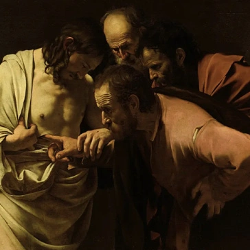 Handmade oil painting reproduction of The Incredulity of Saint Thomas by Caravaggio, dramatic Baroque masterpiece of Saint Thomas examining Christ’s wound, intense chiaroscuro lighting, realistic and emotional figures, dynamic composition, rich textures and deep shadows.