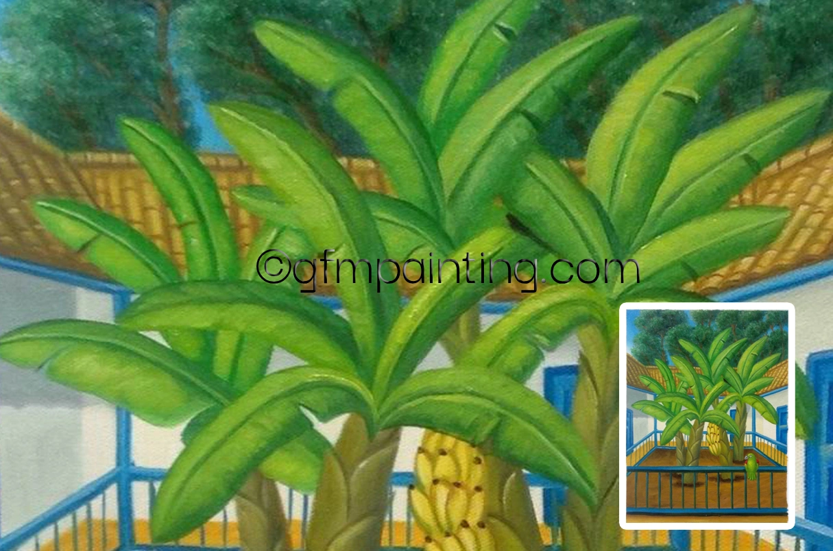 El Patio (The Courtyard) by Fernando Botero, voluminous figures in a lush courtyard, bold and vivid colors, exaggerated proportions, warm sunlight, detailed architecture and plants, playful yet monumental composition.