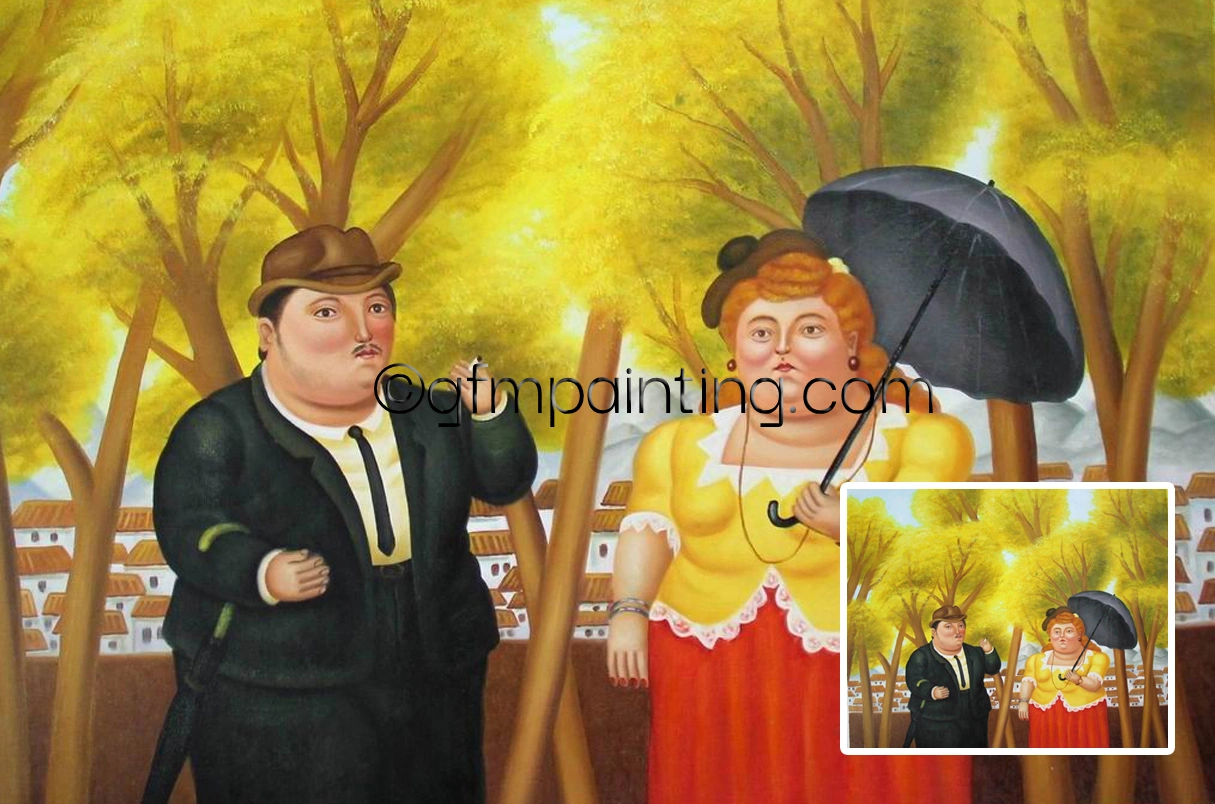 Hand-painted oil painting reproduction Fernando Botero Pair with an Umbrella, famous contemporary figurative artwork by the renowned Colombian artist.