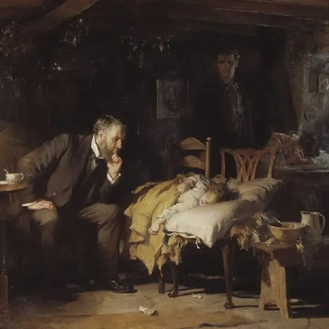 Hand-painted oil painting reproduction of Sir Luke Fildes’ The Doctor, a powerful Victorian-era masterpiece portraying a devoted physician watching over a gravely ill child, rich in emotional realism, dramatic lighting, narrative depth, and meticulous detail that captures compassion, duty, and the human condition.