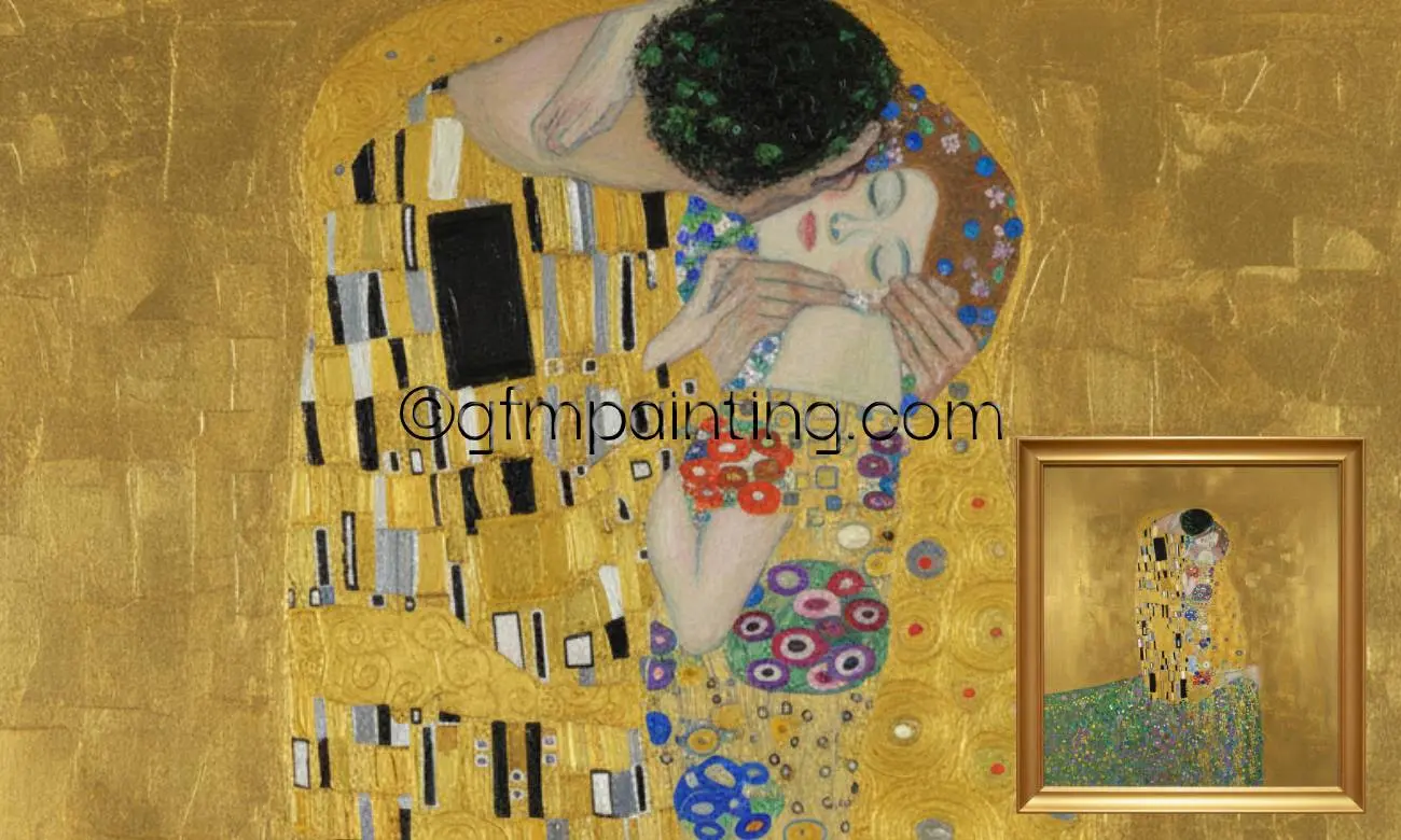 Hand-painted oil painting reproduction The Kiss by Gustav Klimt, iconic Art Nouveau painting depicting a couple embracing, adorned with gold leaf, intricate patterns, and vibrant colors, symbolizing love and intimacy.