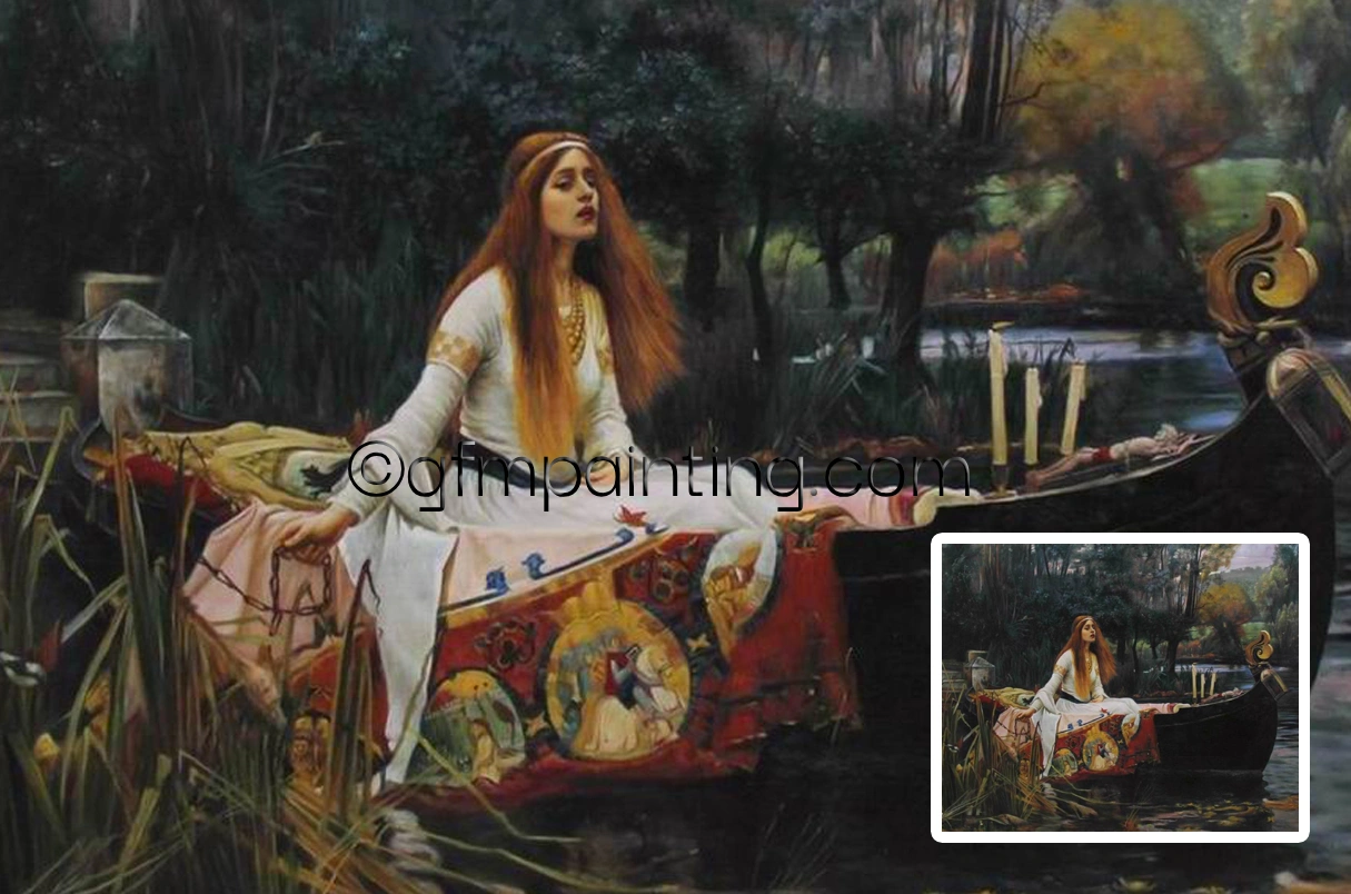 Hand-painted oil painting reproduction of John William Waterhouse’s *The Lady of Shalott*, a romantic Pre-Raphaelite masterpiece depicting the tragic heroine in her boat, rich in symbolism, flowing detail, and poetic melancholy.