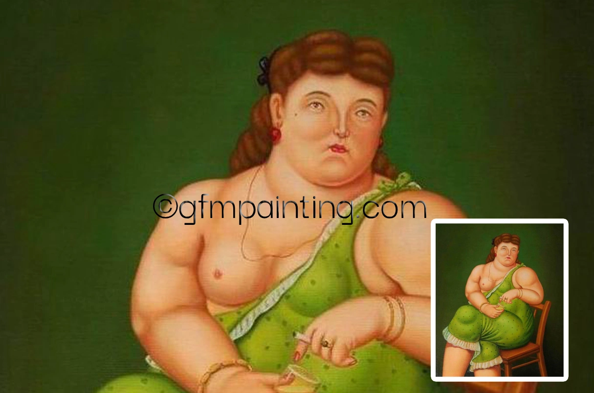 Woman with Cigarette by Fernando Botero, dramatic and expressive painting of a woman smoking, bold colors, exaggerated voluminous figure, dynamic lighting, detailed background.