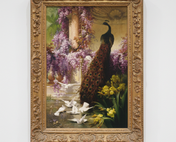 A Peacock and Doves in a Garden by Eugene Bidau Original Oil Painting Reproduction - GFM Painting