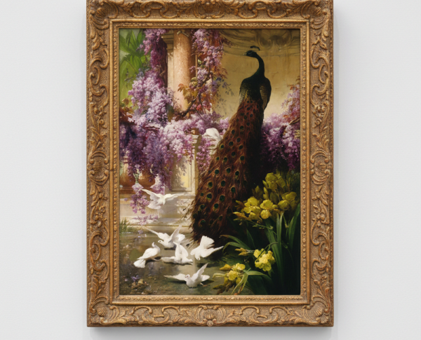 A Peacock and Doves in a Garden by Eugene Bidau Original Oil Painting Reproduction - GFM Painting